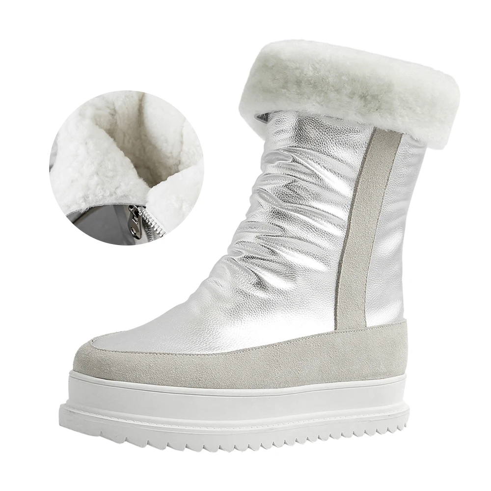 Plus Size 34-43 Genuine Leather Women Winter Boots Warm Plush Fur Snow Boots Women Zippers Platform Botas Mujer Snow Shoes Boots - Цвет: silver