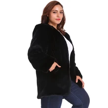 Зимняя теплая куртка с капюшоном из мягкого искусственного меха пальто Для женщин длинный рукав черный Цвет-подвеской из искусственного кроличьего меховая куртка женская меховое пальто плюс Размеры 6X