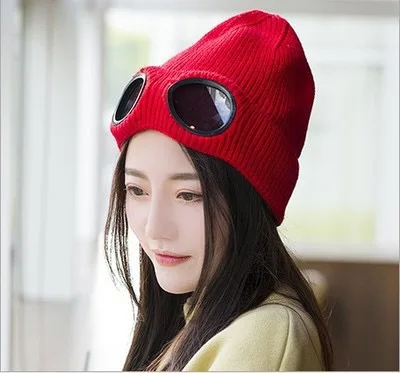 Женская шапка унисекс, хлопковая маска, одноцветные теплые мягкие вязаные шапки, мужские зимние шапки, уличные женские шапочки с очками - Цвет: Red
