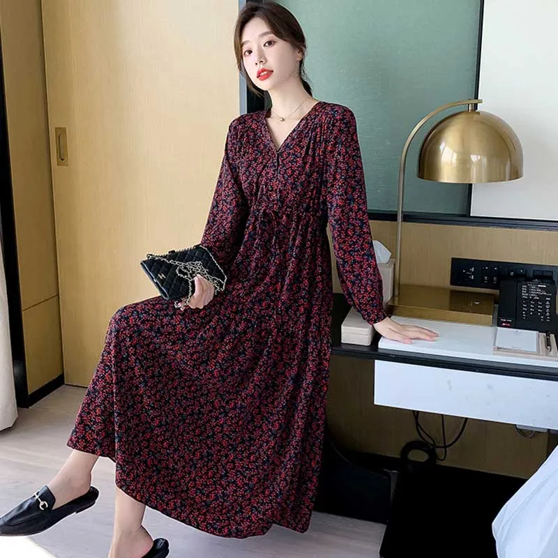 2020 Long Dress Spring Autumn Fashion New Women Long Sleeve Floral Print Dress Vintage Korean Elegant One-Piece Dress Vestidos