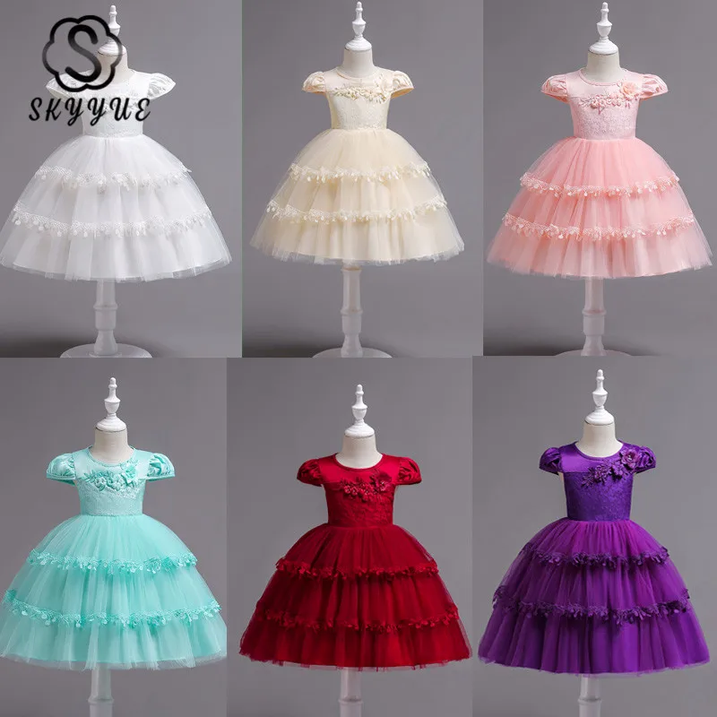 

Skyyue Girl Princess Dress Pink Lace Appliquie Tulle Flower Girl Dresses for Wedding O-neck Embroidery Communion Gowns 2019 839
