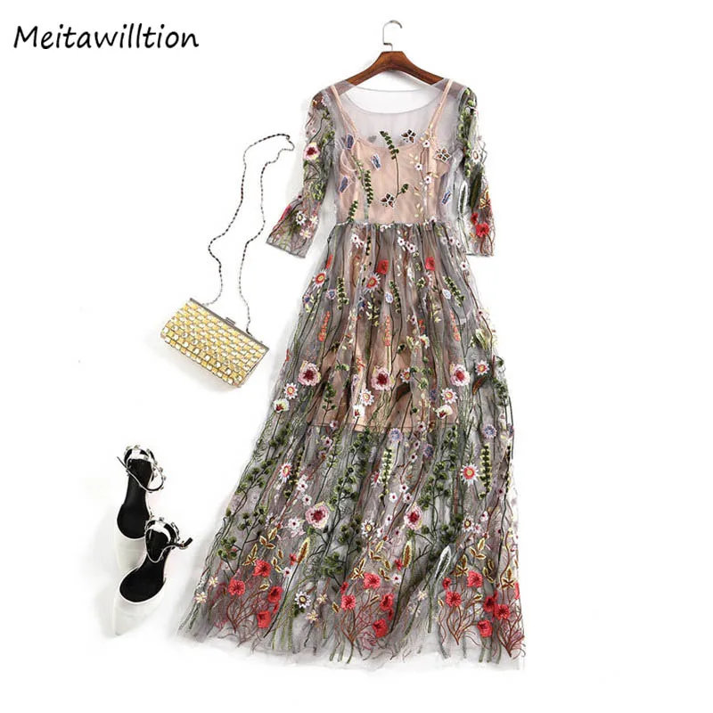 Vintage Flower Embroidered Midi Dress Women Bohemian 2019 Casual Long Sleeve Boho Mesh Dresses Elegant Party | Женская одежда