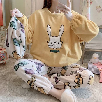 

Winter Pajamas Women 2020 Thickened Home Round Collar Long-sleeved Flannel Pjs Set Two-piece Warm Home Suit Sleepwear