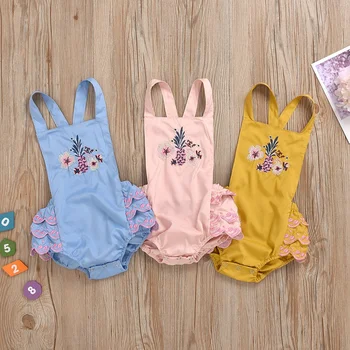 

Baby Summer Clothing Toddler Girl Sleeveless Lace Ruffle Suspender Jumpsuit Bodysuit Embroidery Flower Outfits New