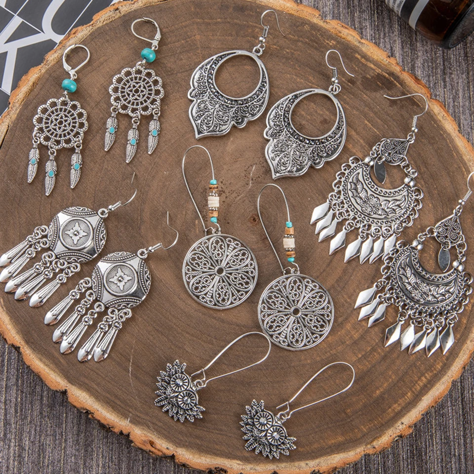 

Ethnic Bohemian Bright Silver Big Drop Dangle Long Metal Fringes Retro Tassel Earring Geometric Earrings for Women Party Jewelry