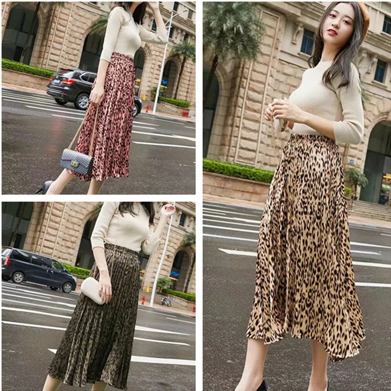 High Fashion Leopard Print Skirts Spring Women Pleated Skirts Elastic High Waist Long Skirt Female Party Holiday Skirt