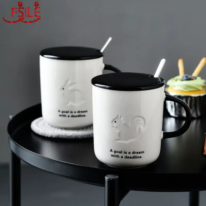 

450ml FSILE Nordic Style Ins Animal Simple Ceramic Cup with Lid Spoon Business Office Tea Coffee Water Mug
