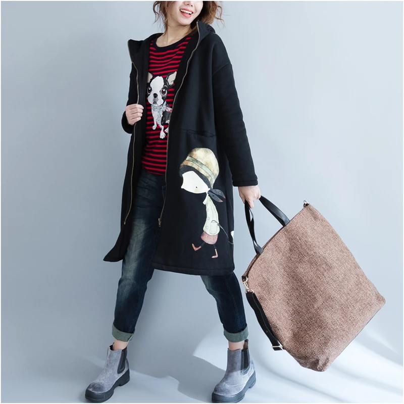 Photo Shoot Autumn And Winter New Style Loose And Plus-sized Casual Cartoon Printed Thick jia rong in Middle Long Coat