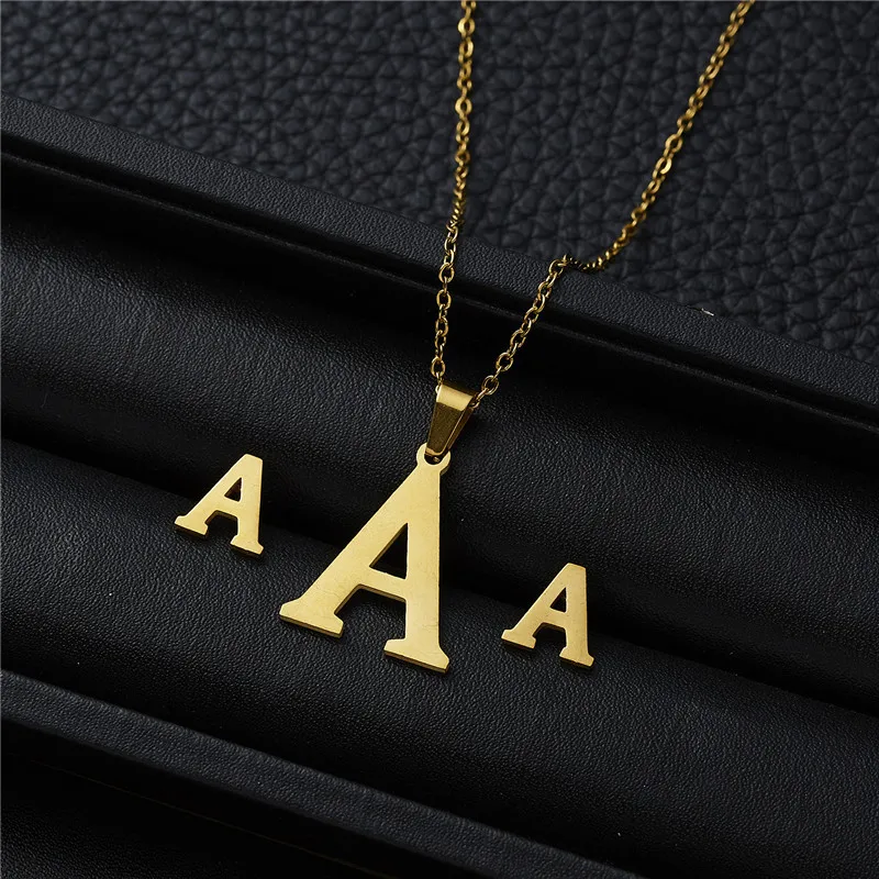 yellow fashion jewelry set Rinhoo New Initial A-Z Letters Pendant Stainless Steel Link Chain Necklace Earring for Women Men Trendy Jewelry Set Gift trendy ring sets