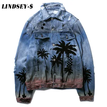 

LINDSEY SEADER Palm Tree Shadow Print Denim Jackets Streetwear 2020 Kanye Hip Hop Casual Bomber Jean Jacket Coats Fashion Tops