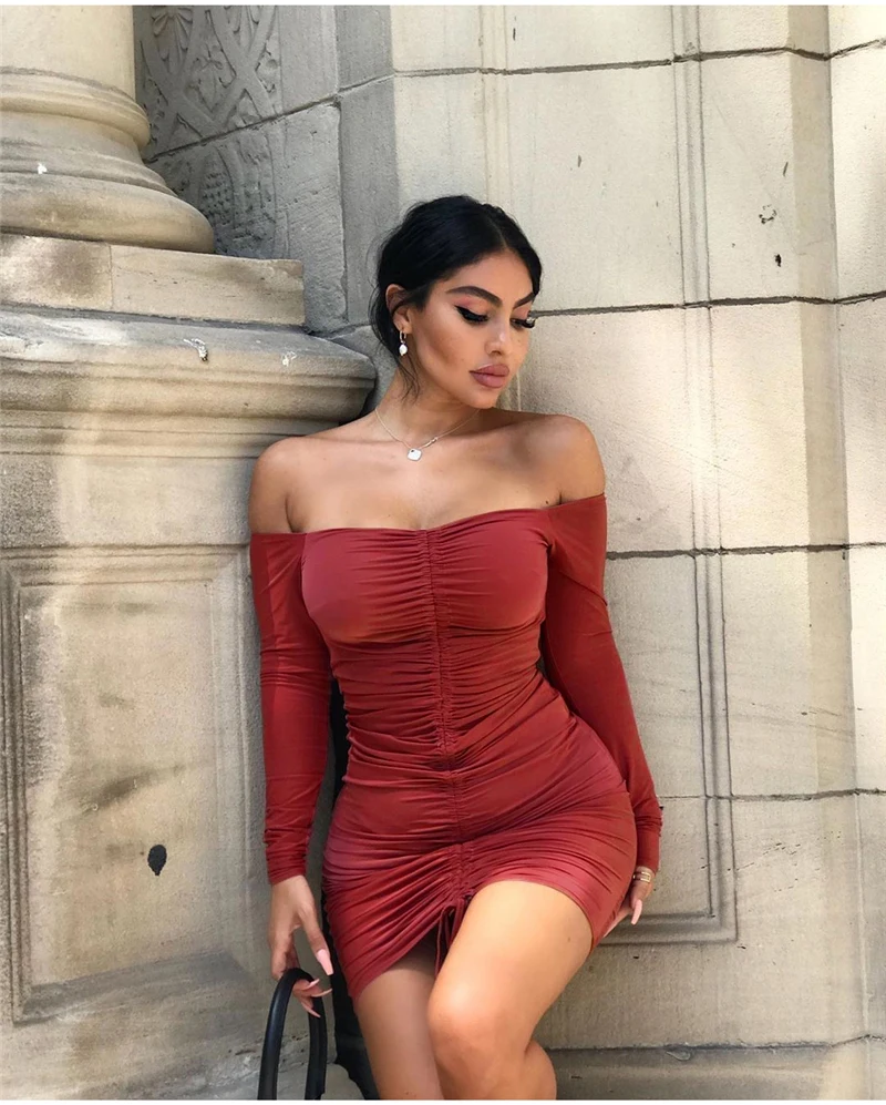 Невозьму 2 слоя осеннее платье Для женщин с открытыми плечами Drawstring Ruched Bodycon платье женские вечерние Клубные пикантные зимнее платье