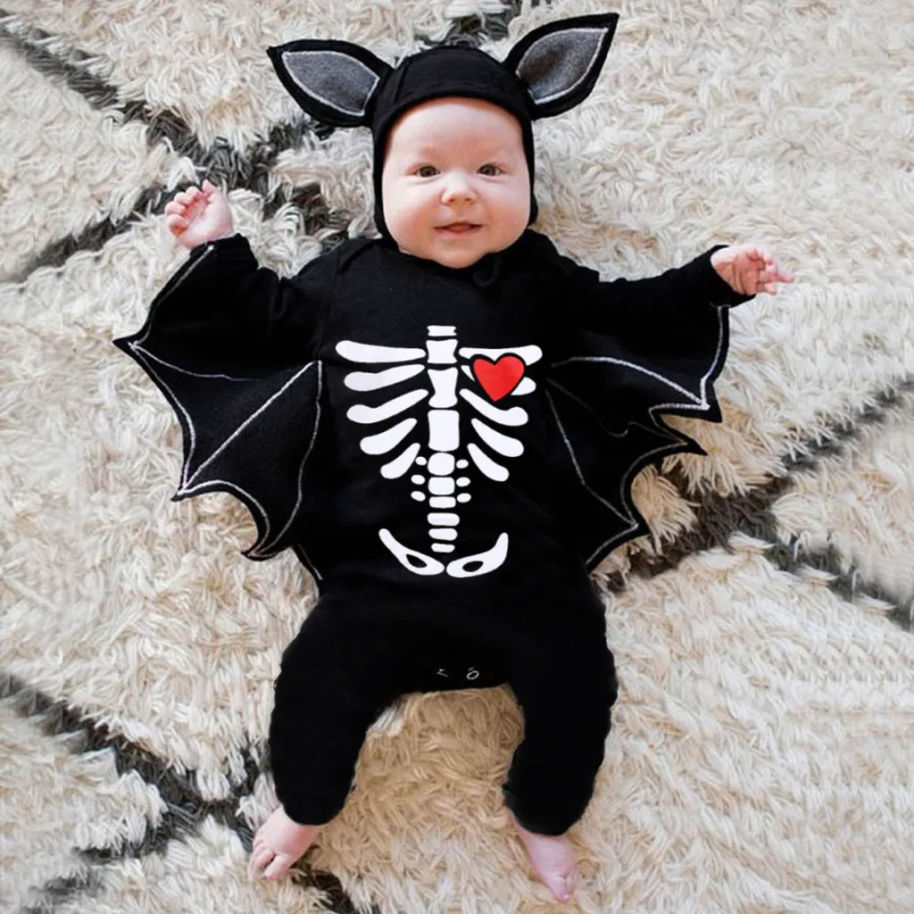 Newborn Baby Boys Girls Clothes Halloween Cosplay Costume Romper+Hat Long Sleeves Black Cartoon Skull Jumpsuit 3-18M