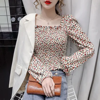 

COIGARSAM Fashion Floral Print blouse women New Spring Cute Puff Sleeve blusas womens tops and blouses Pink Black Apricot 1632