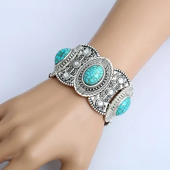 

Ethnic Style Boho Antique Bangle Bracelet For Women Blue Natural Stone Wide Band Cuff Bracelet Vintage Tibetan Jewelry