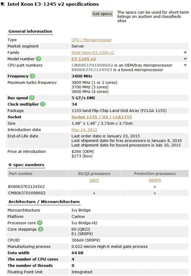 Четырехъядерный процессор Intel Xeon E3-1245 V2 3,4 ГГц LGA 1155 8MB E3 1245 V2 SR0P9 77 Вт протестированный рабочий