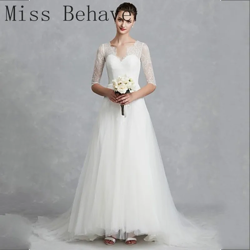

DD JYOY Lace Wedding Dress 2019 Half Sleeve A Line Bridal Gown Elegant Sweetheart Neck Dress with Train Button Back