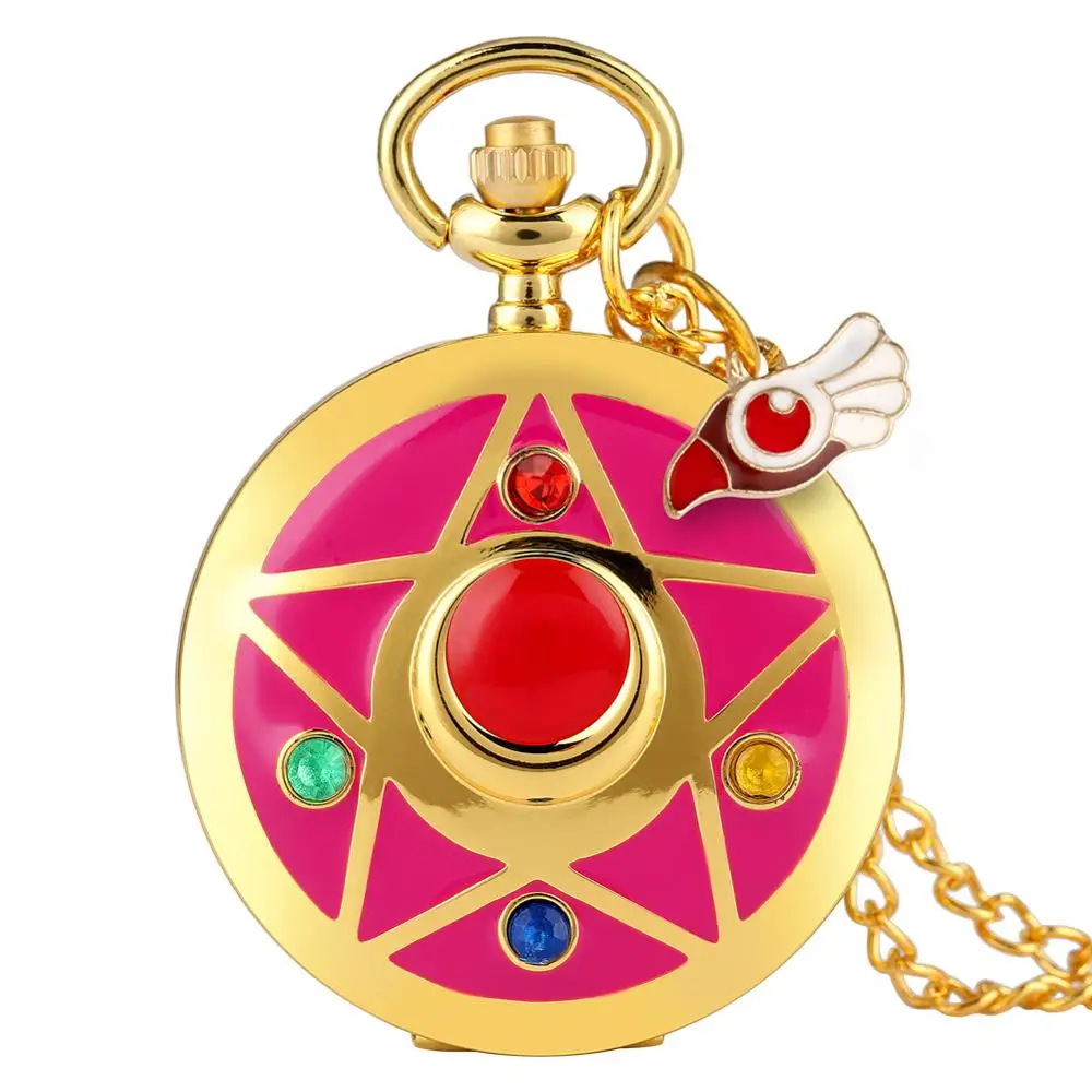 Черный Girls Pocket Watch Sailor Moon Theme Bronze Silver Hunter Quartz Bronze Necklace Sweater Chain Pendant Antique Clock Xmas Gift - Цвет: Черный