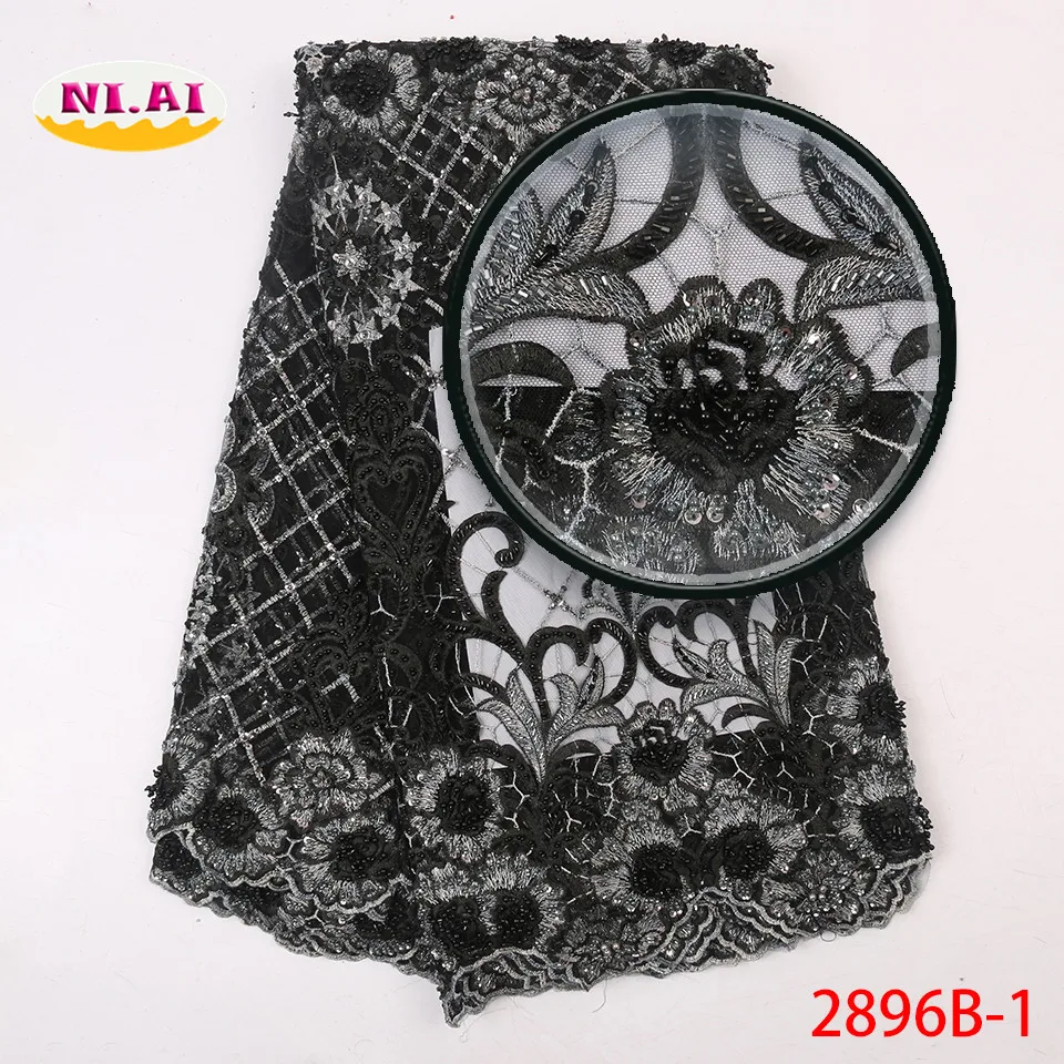 

Black Lace Fabric, High Quality Handmade Fabric, Handbeaded Nigerian Lace 2019 MR2896B