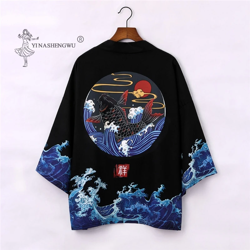 Японский Kimonos Харадзюку мужской принт карпа Свободная рубашка кардиган женские