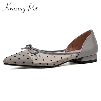 

Krazing pot cow leather air mesh polka dot bowtie Korean street sweet pretty girls daily wear shallow slip on pumps women L55