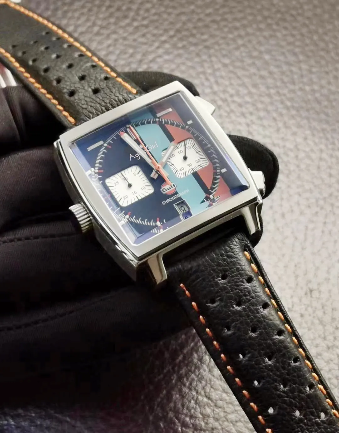 

Luxury Brand New Men Silver Black Leather Orange Line Stainless Steel Chronograph Gulf Racing Sapphire Special Edition Watches