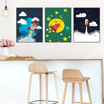 

Cartoon Airship Rocket Star Cloud Spacecraft Canvas Poster Nordic Style Kids Room Decor Nursery Bedroom Boys Wall Art Picture