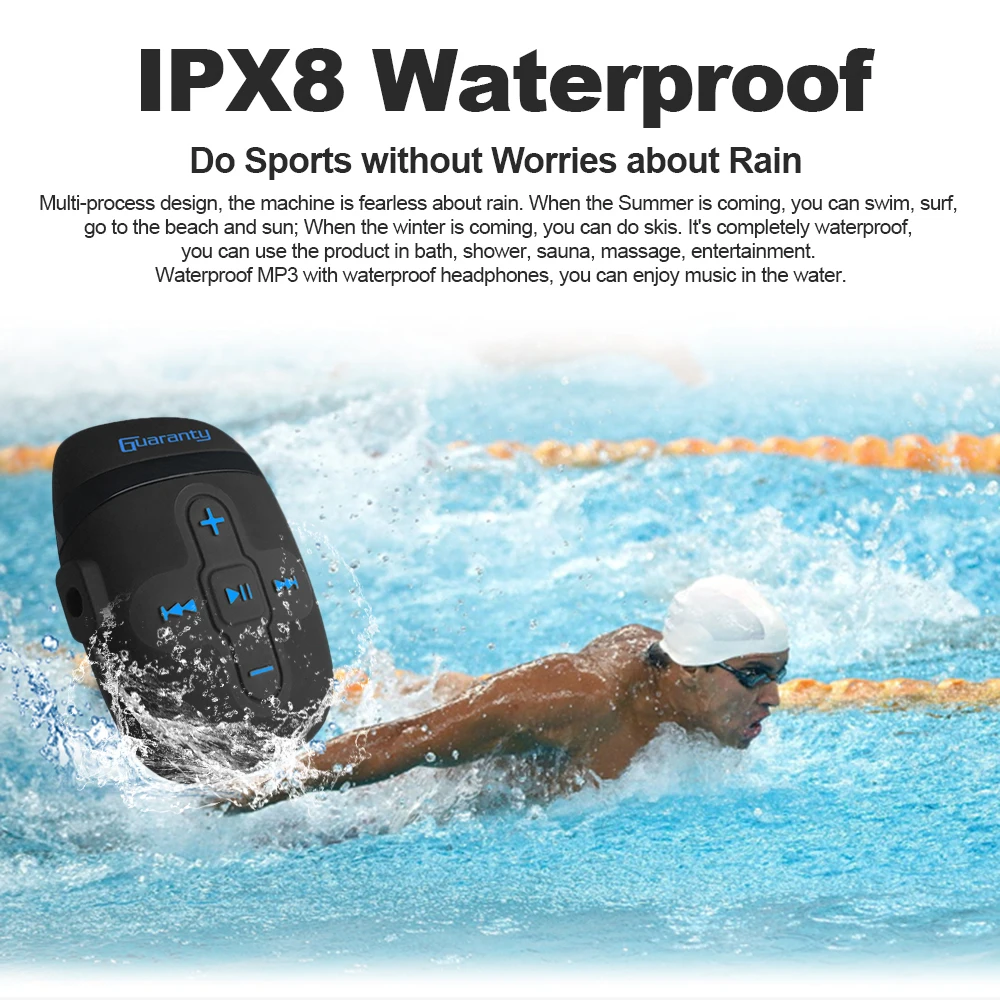 MP3 Player 8GB IPX8 Waterproof Music Player with Headphones Clip MP3 Player Design for Swimming Running Diving Sports