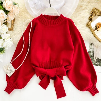 

2020 Short sweater women clothes Jumper Long Puff Sleeve Zipper Strapless Pullover Tops Bowknot Bandage O-neck Solid Pull Femme