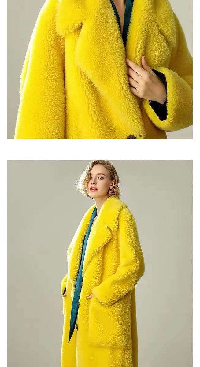 Зимнее Модное Новое плюшевое пальто из искусственного меха в длинном абзаце, женское свободное желтое пальто из овечьей шерсти с плюшевым мишкой, H00351