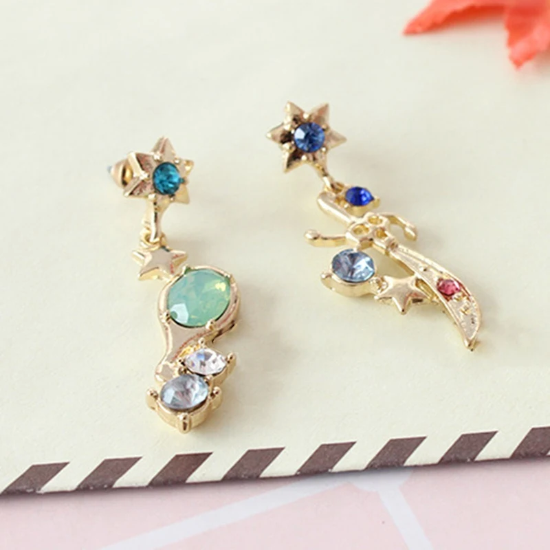 Японская серия Сейлор Мун Сережка в виде веера серьги блестящие золотые цветные звезды зеркало с зеленым камнем длинные серьги