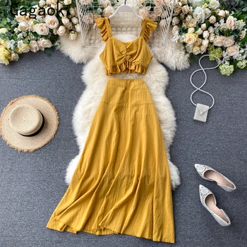 

Gagaok Women High Street Two Piece Set 2020 Summer New Outfits Square Collar Ruffles Pullover+ Solid Mid-Calf Chic Wild Skirt