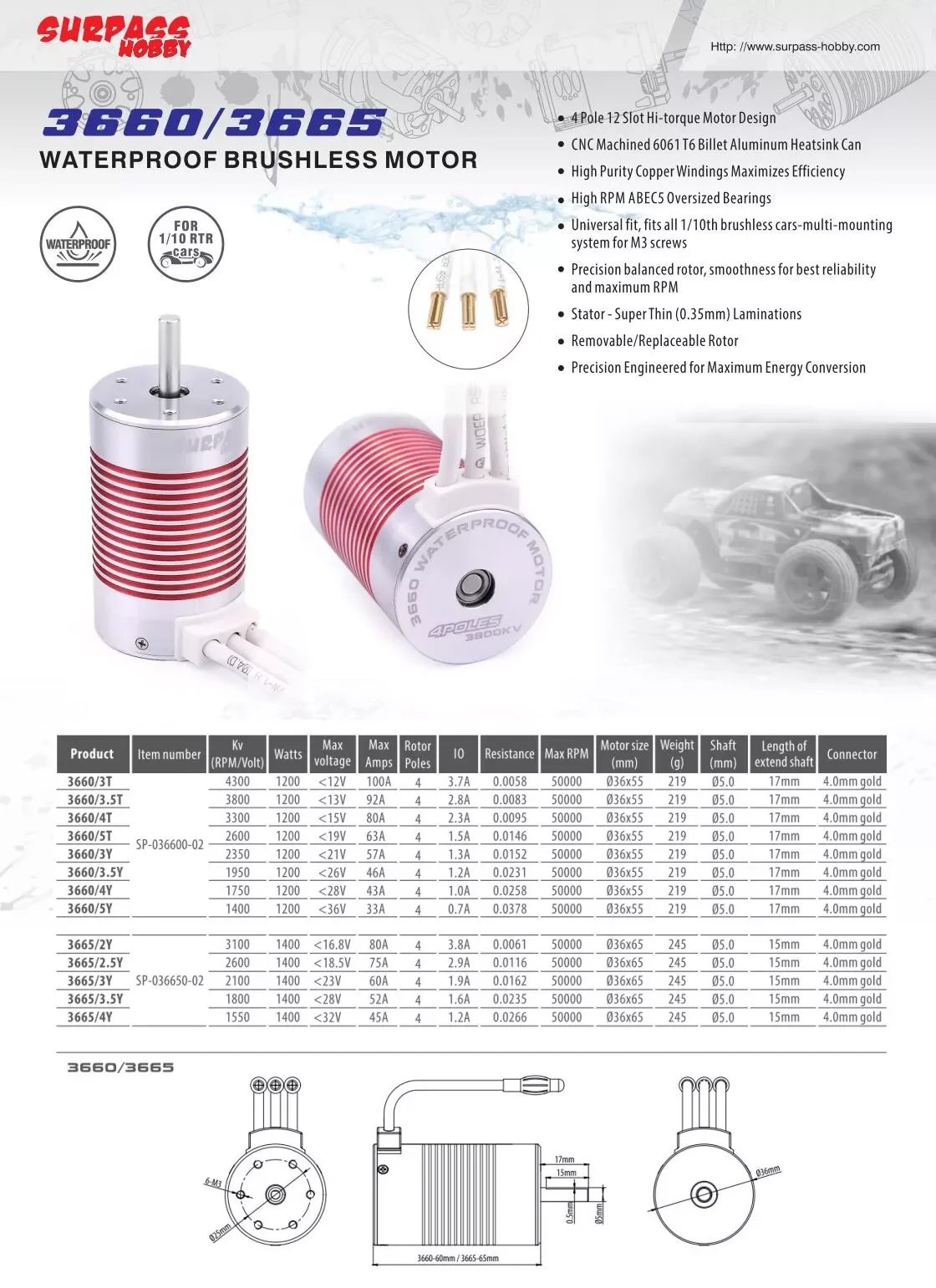 Surpass Hobby 3660 rc small brushless dc motor 12v dc electric motor 50000 rpm 1200 watt for rc car 1 : 10