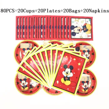 

80Pcs/50Pcs Red Mickey Mouse Disposable Tableware Sets Cup Plate Napkin Gift Bag Baby Shower Kids Birthday Decorations Supplies