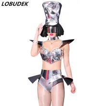 Женская танцовщица команда джазовая сцена костюм серебряное бикини головной убор 6 шт. танцевальные наряды бар костюм для клуба мужской сексуальный Набор для выступлений