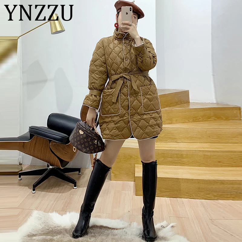 YNZZU Korean Style Spring Winter Mid-Long Light Women's Down Jacket Elegant White Duck Down Coat with Sashes Pockets A1391