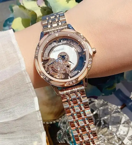 Новые популярные женские часы со стразами женские блестящие нарядные часы круглые розовые наручные часы с золотым браслетом вращающиеся алмазные часы - Цвет: Rose gold