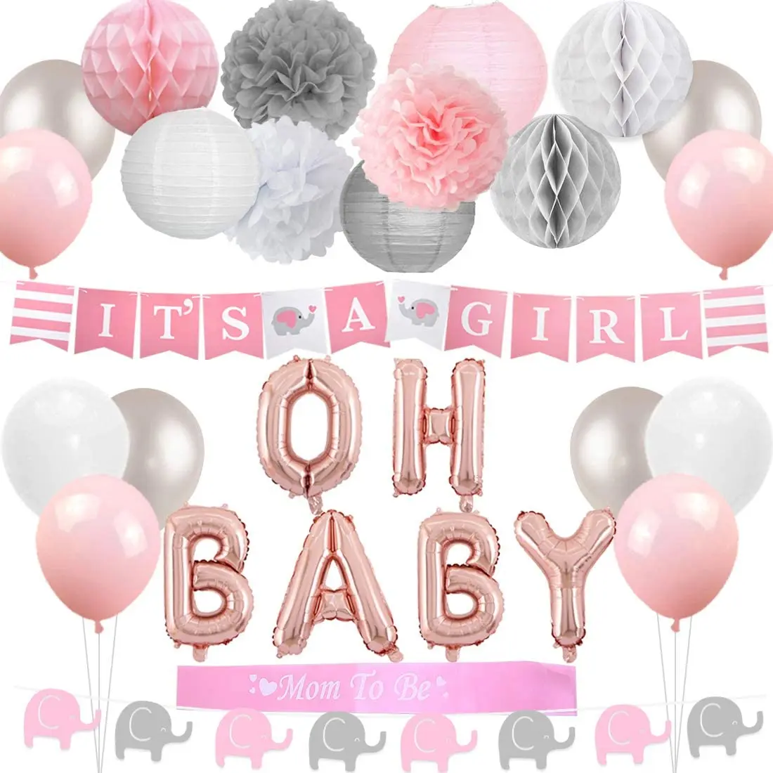 

Elephant Theme Baby Shower Party Decorations Balloons Set for Girl Elephant Cake Topper Paper Pom Poms Pink Gray and White