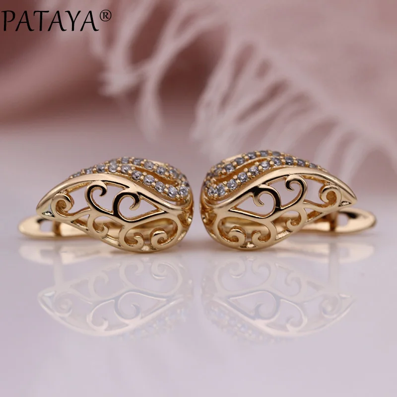 PATAYA New Unique Flame Water Drop Dangle Earrings 585 Rose Gold White Round Natural Zircon Hollow Earring Women Fashion Jewelry - Image 4