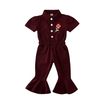 

Toddler Kids Baby Girl Jumpsuit Romper Summer Wine Red Embroidery Rose Buttons Playsuit Outfits Clothes Clothing Sunsuit