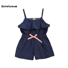 Летняя одежда с ремешками для новорожденных девочек, однотонное джинсовое боди с бантом и оборками без рукавов, комбинезоны,# g4