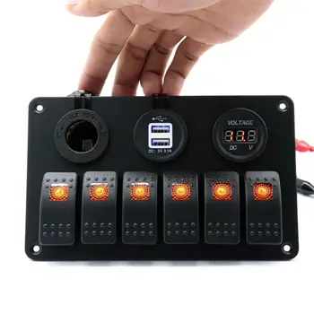 

Orange LED 6 Rocker Switch Voltmeter Car USB Ports Lighter Socket