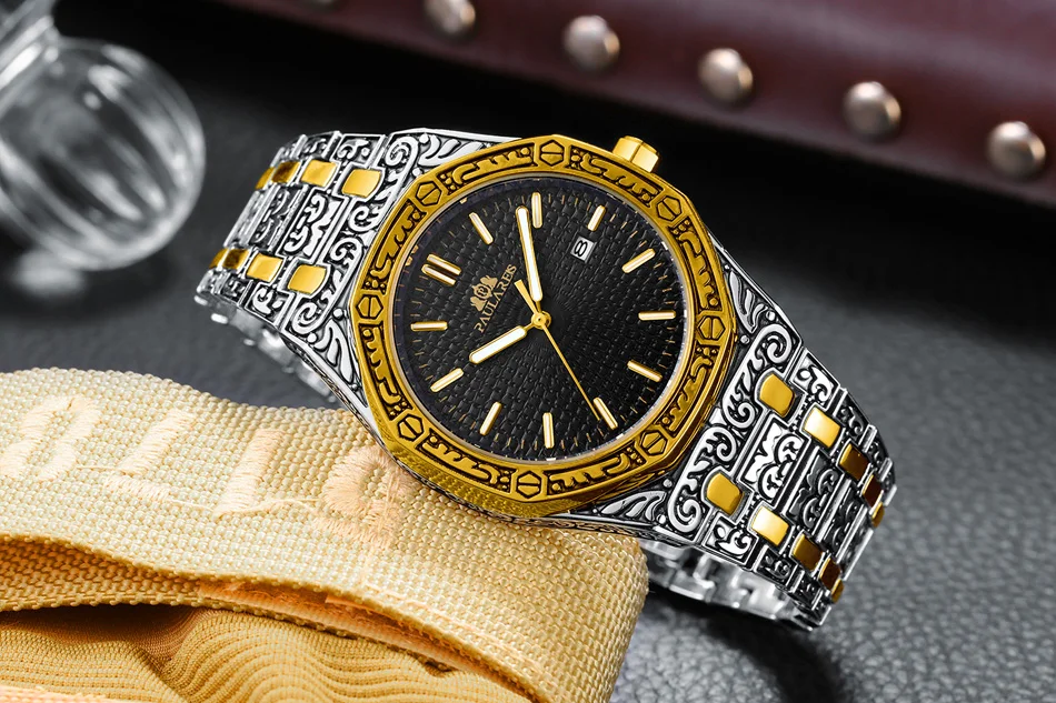 Lusso antico intagliato vintage luminoso oro rosa oro giallo argento 2 toni blu quarzo classico da uomo_voghion.com