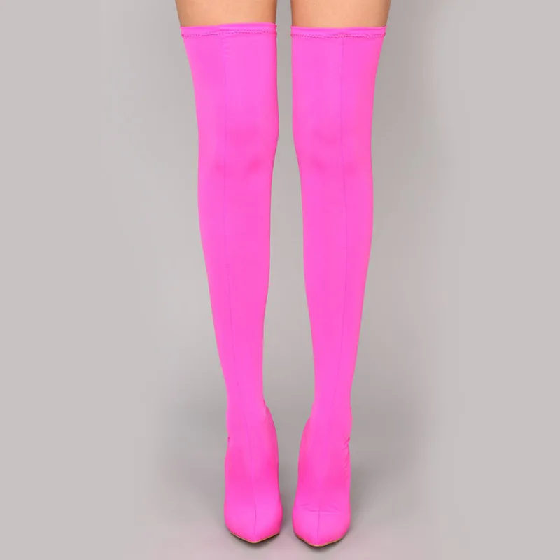 Pink Г. Новые пикантные Женские Сапоги выше колена на лето и осень неоновые тканевые носки на высоком каблуке с острым носком Клубная обувь для вечеринок - Цвет: Pink