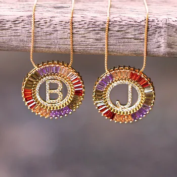 

New Design Trendy Women Charm Necklace Fashion Gold Color Pave Rainbow Cubic Zircon 26 Letter A-Z Initials Pendant Chain Jewelry