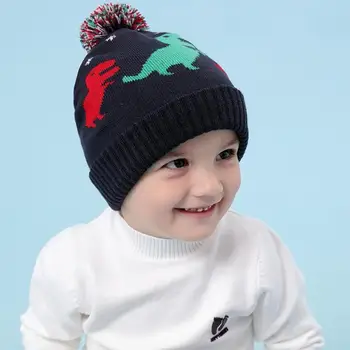 

Christmas Winter Warm Baby Hat Cute Kid Boys Girls Cartoon Dinosaur Print Pompom Knitted Cap Kids Baby Soft Warm Hat Beanie Cap