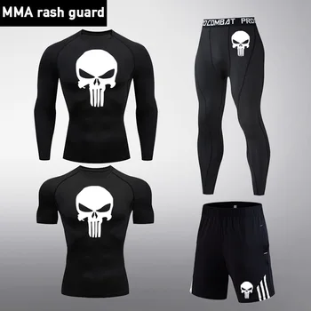 

Men's Clothing 4 Pcs Set Gym Joggers Compression MMA tactical T-shirt Solid Color Sports suit Running suit Punisher Male Brand