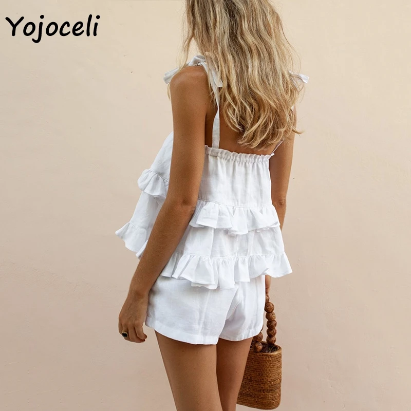 Yojoceli cute bow ruffle jumpsuit romper women two pieces set boho beach playsuit