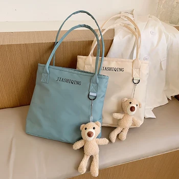 

Oxford Shoulder Shopping Bag Women Reusable Portable Bear Pendant Tote Handbag Travel Daily Top-handle Bags