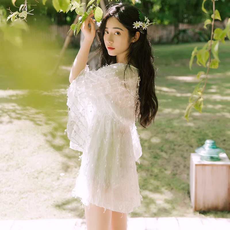 

Korean-style Solid White Bell Sleeve Hot Springs-Belly Covering Slimming Sexy Bikini Skirt Conservative Three-piece Set Swimsuit