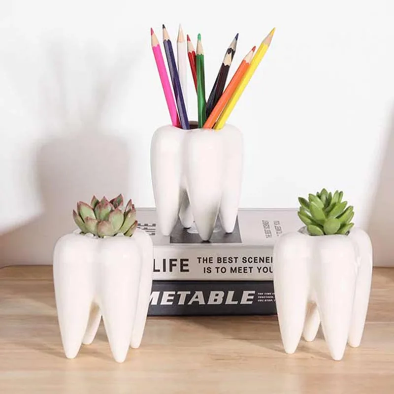 

Ceramic Tooth Shape White Flower Pot Succulents Pots Bonsai Planter Pencil Holder Home Office Decor Cactus Mini Flower Vase